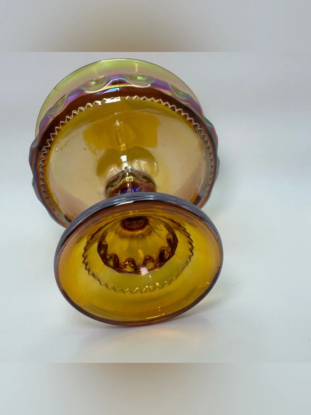 Vintage Amber Carnival Glass Pedestal Compote Iridescent Pressed Glass Candy